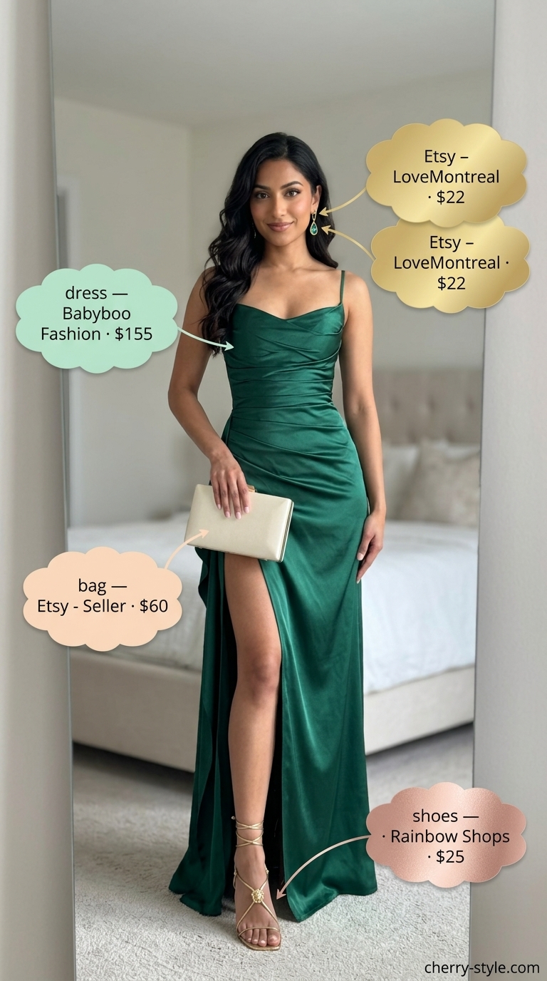 Elegant summer flowy maxi dress 2026: Emerald green silk charmeuse dress for summer weddings and formal dinners.