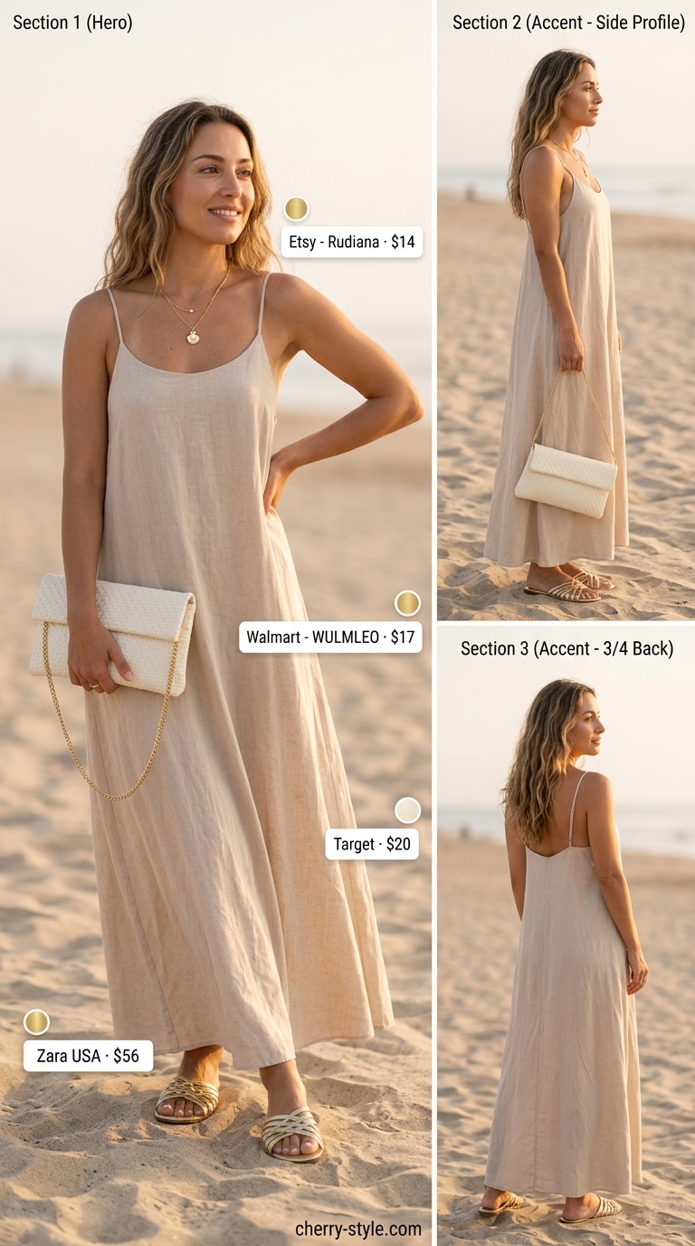 Soft beige eyelet flowy maxi dress, gold sandals, pearl earrings, and raffia clutch for elegant summer dresses 2026.