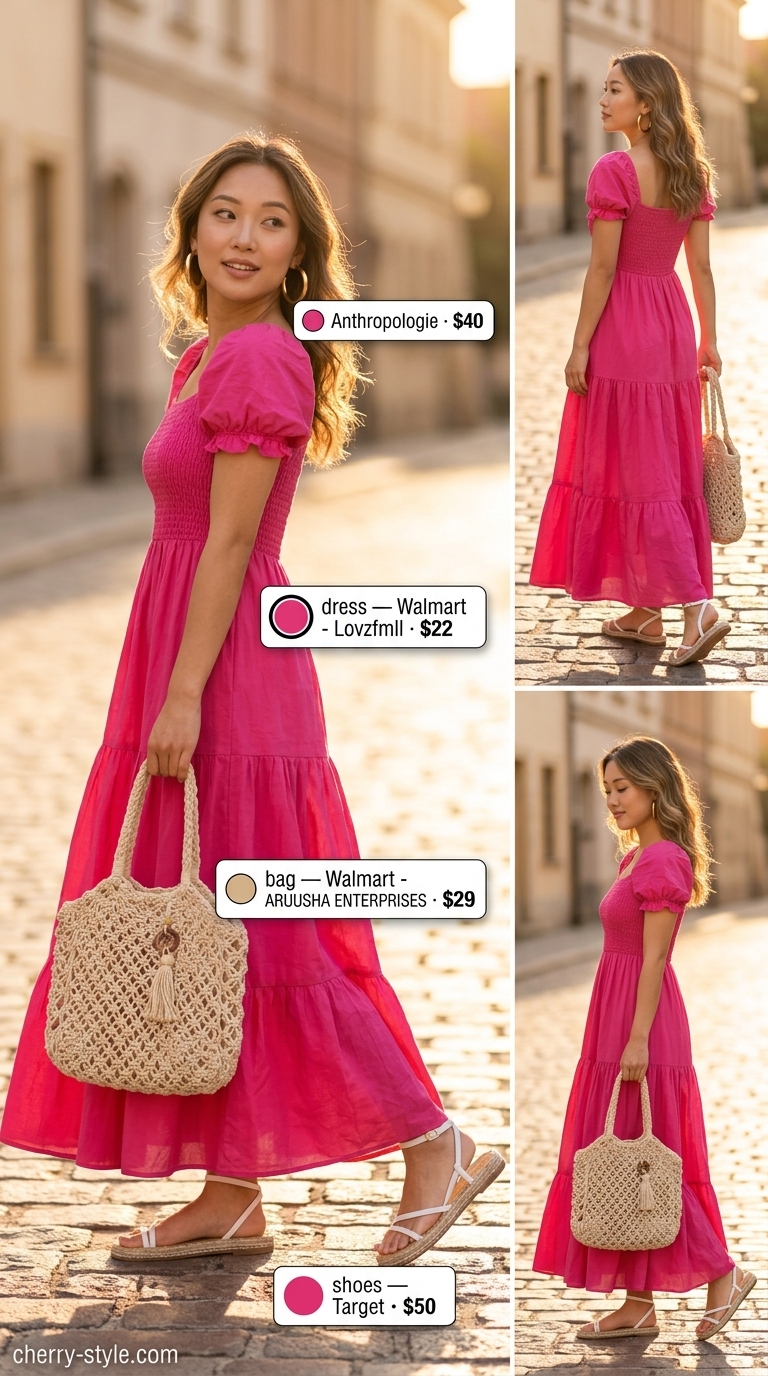 Fuchsia flowy maxi dress with smocked neckline, gold hoops, straw tote, and espadrilles for elegant summer dresses 2026.