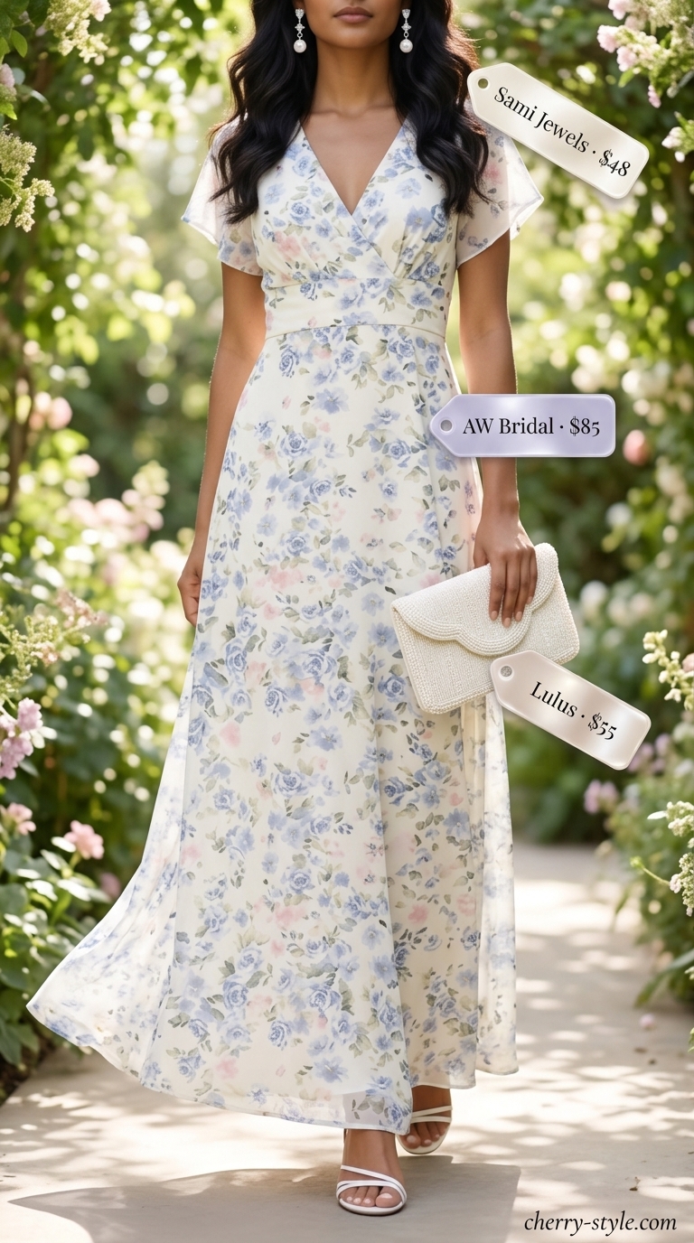 Elegant summer flowy maxi dress 2026: Lavender floral chiffon dress with pearl clutch and silver earrings for a bridal shower.