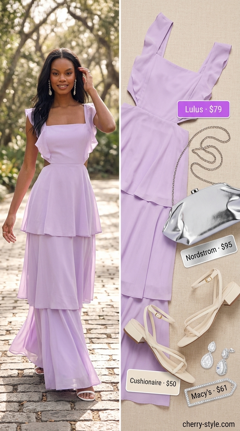 Lavender flowy tiered maxi dress for garden parties. Style with block heels, silver clutch, and drop earrings.
