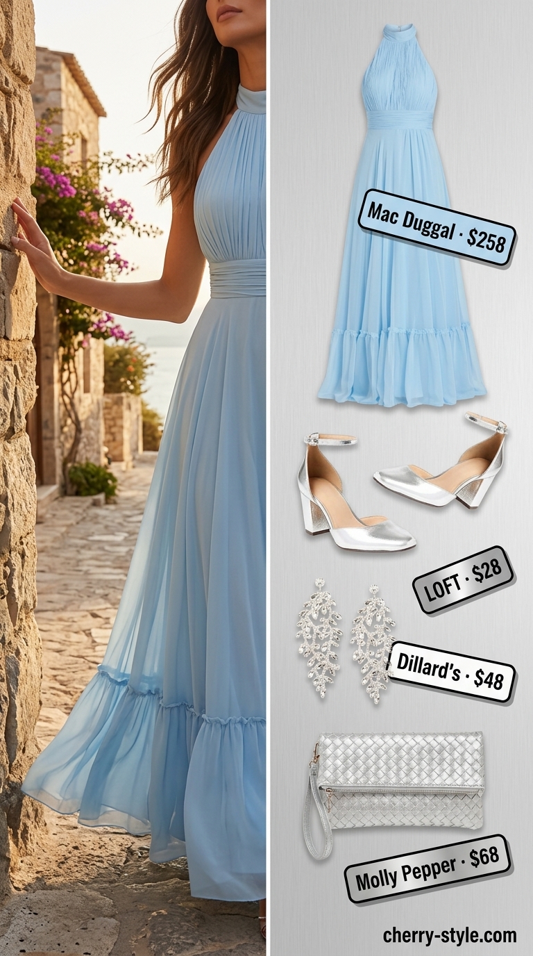 Cobalt blue flowy halter maxi dress with crinkle texture, silver clutch, and block heels for elegant summer dresses 2026.