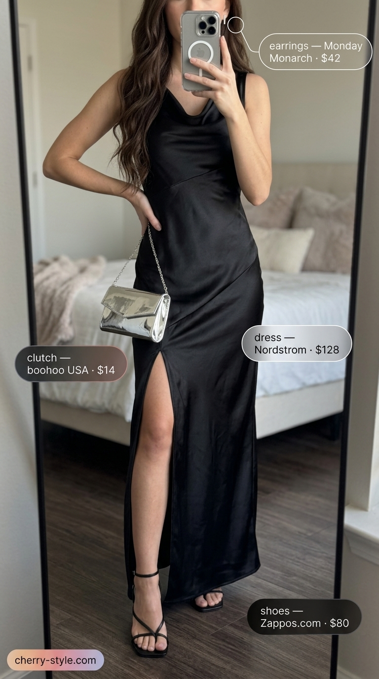 Black flowy slip maxi dress with cowl neck, silver clutch, bar earrings, and stiletto sandals for elegant summer dresses 2026.