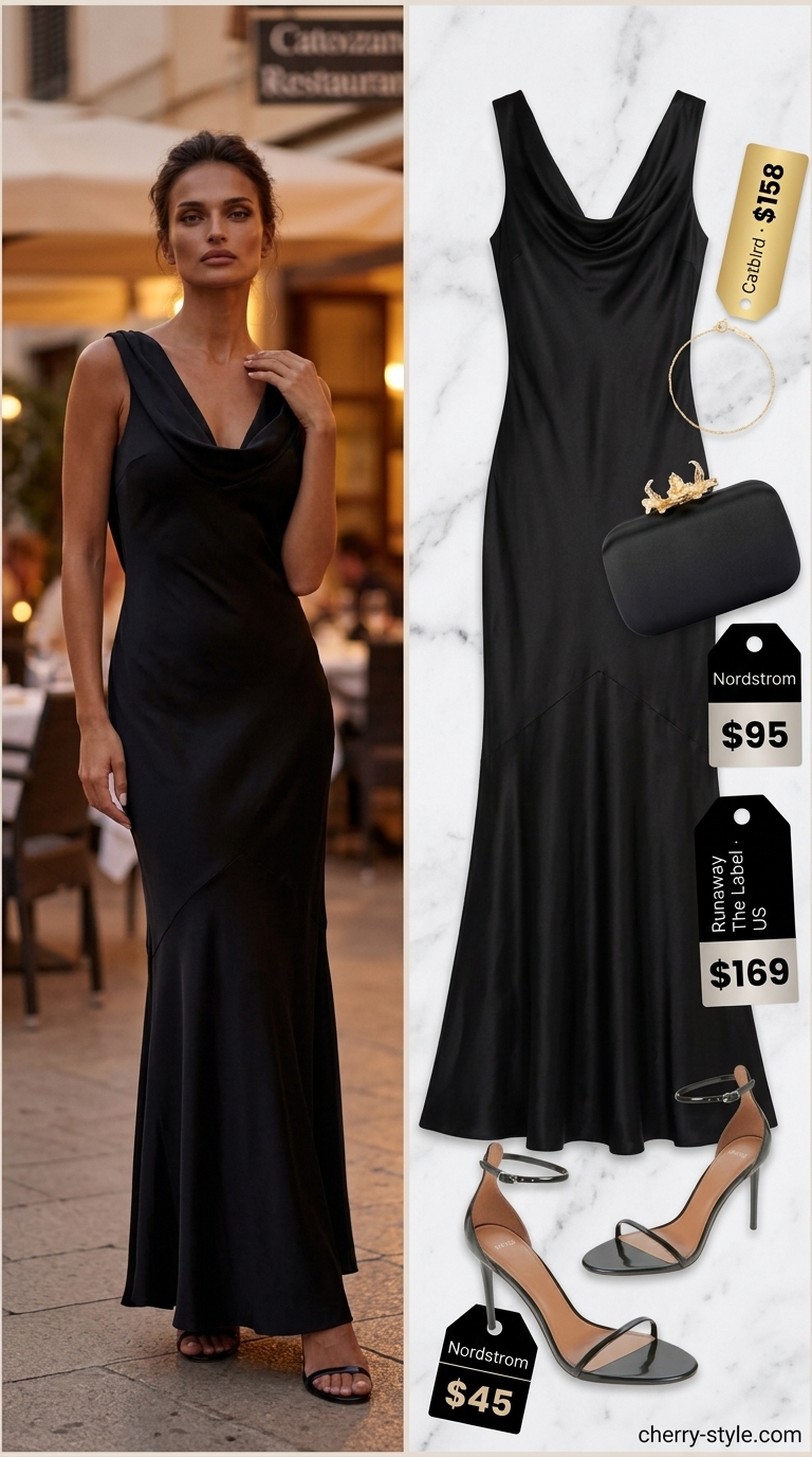 Black flowy cowl neck maxi dress, gold bracelet, clutch, and heeled sandals for elegant summer dresses 2026.
