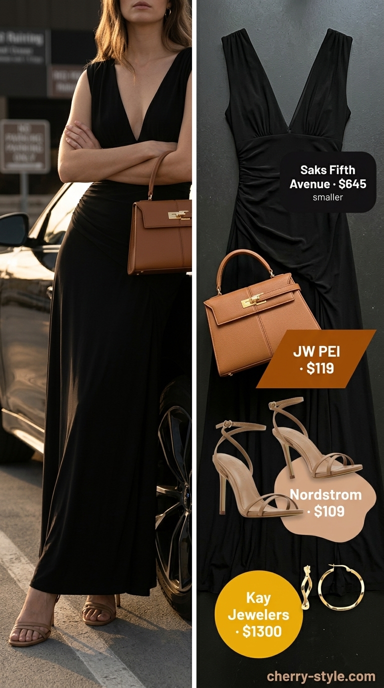 Black flowy column maxi dress with V-neck, gold hoops, camel bag, and heeled sandals for elegant summer dresses 2026.