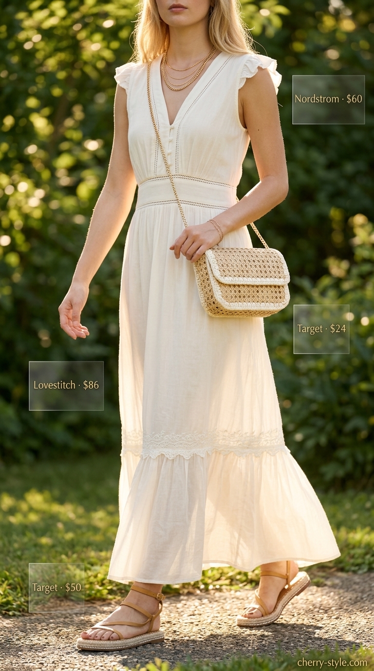 Cream flowy maxi dress for romantic brunches. Style with espadrilles, layered necklaces, and straw bag.