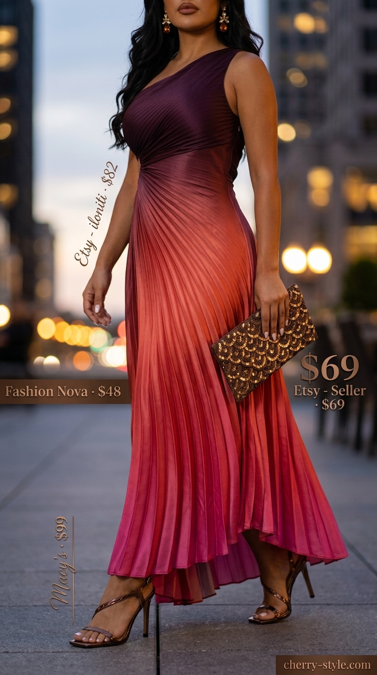 Sunset ombre flowy maxi dress for formal events. Style with metallic heels, statement earrings, and clutch.
