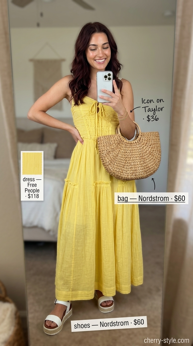 Sunshine yellow flowy maxi dress for summer festivals. Style with platform espadrilles, straw tote, and sunglasses.