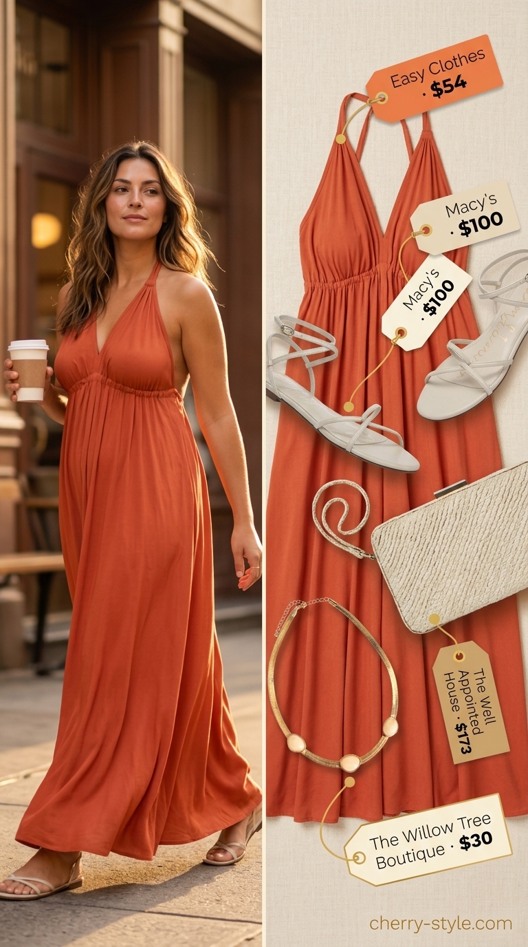 Terracotta flowy maxi dress for resort dinners. Style with flat sandals, straw clutch, and gold pendant.
