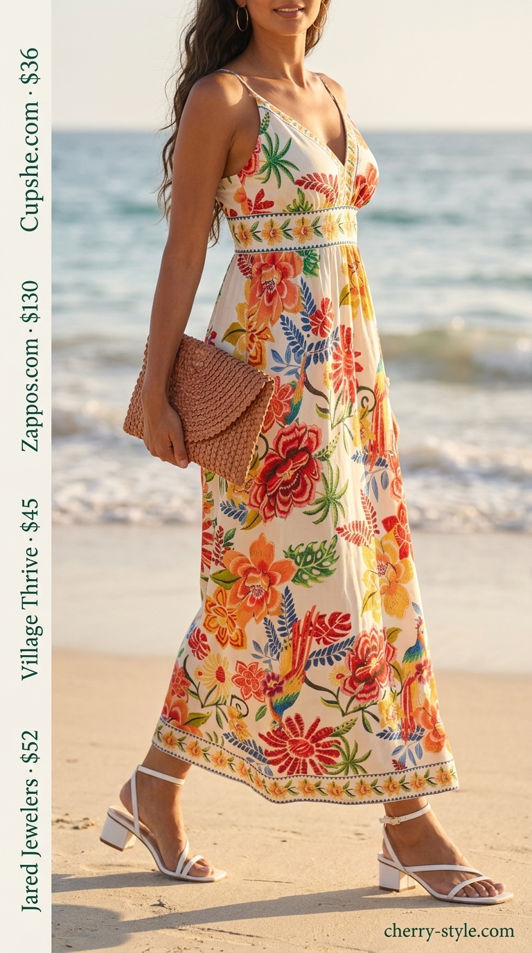Elegant summer flowy maxi dress 2026: Vibrant tropical floral dress for vacation dinners and summer celebrations.
