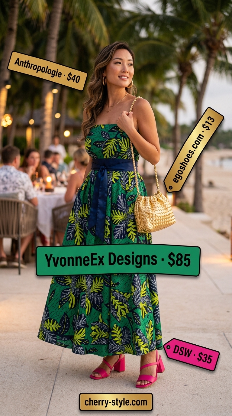 Emerald green flowy maxi dress with fuchsia print for tropical vacation dinners. Style with gold hoops and sandals.