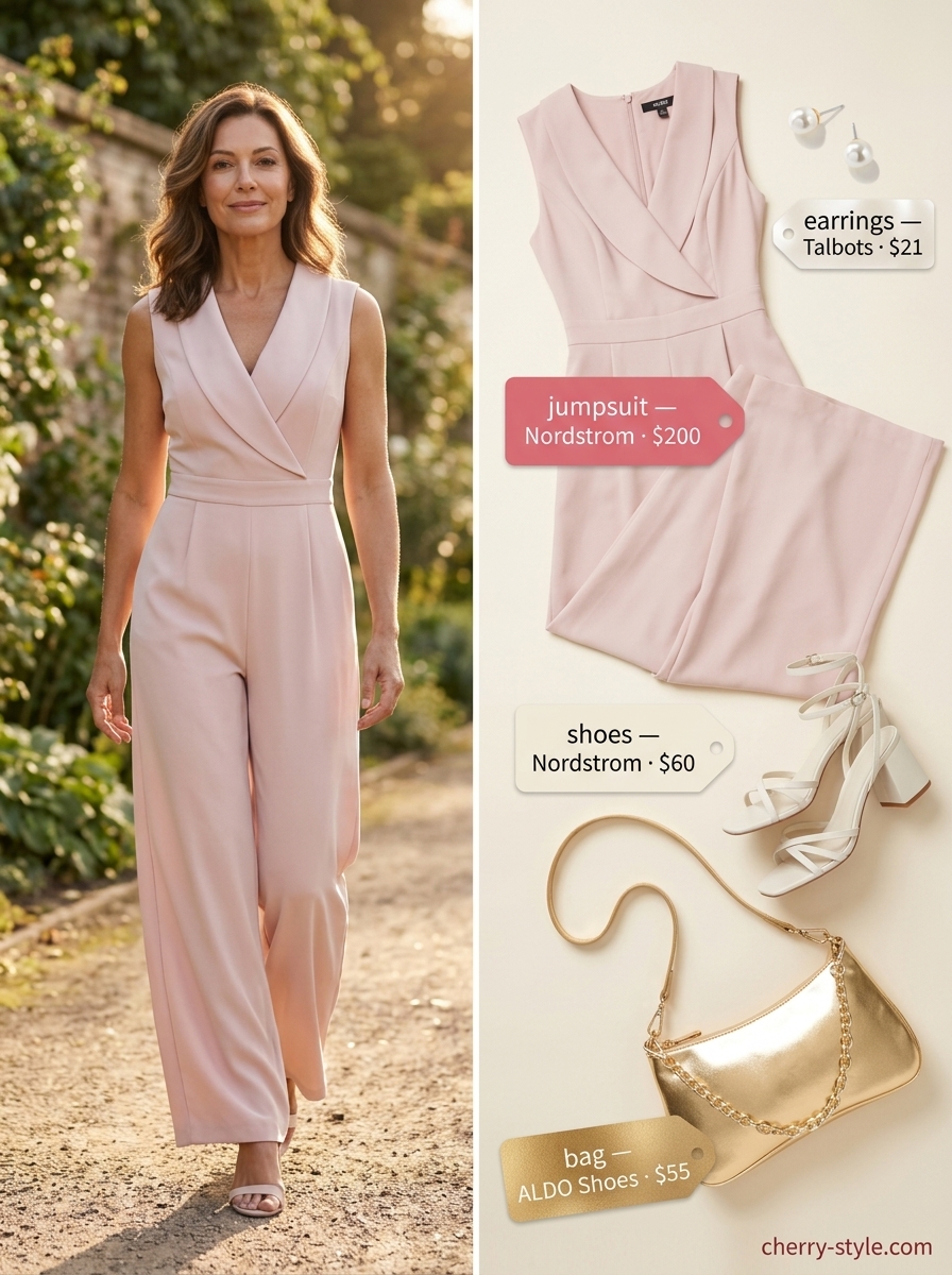 Elegant summer outfit for women over 60 2026: Blush pink wide-leg jumpsuit with ivory sandals and pearl earrings.