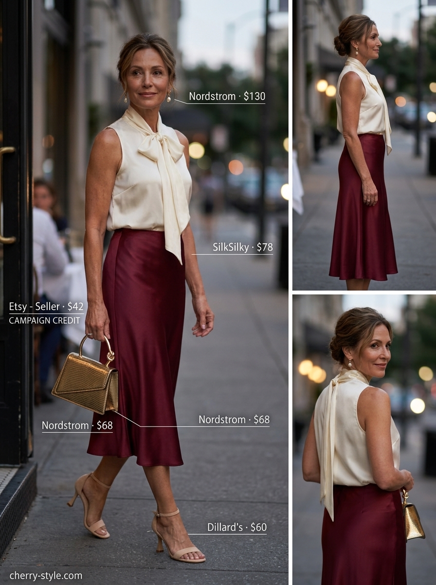 Elegant summer outfit for women over 60 2026: Burgundy satin midi skirt with cream silk blouse & gold accessories.
