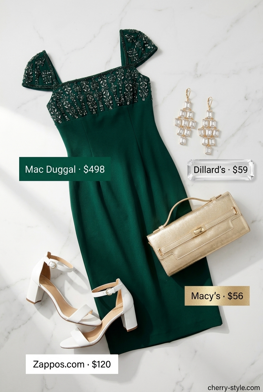 Elegant summer outfit for women over 60 2026: Emerald green midi dress with ivory block heels and gold accessories.