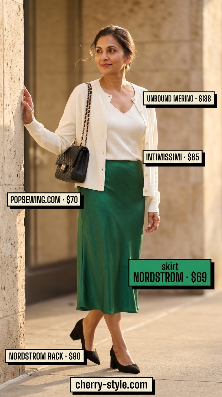 Elegant summer outfit for women over 60 2026: Emerald green midi skirt with ivory shell top & fine-knit cardigan.