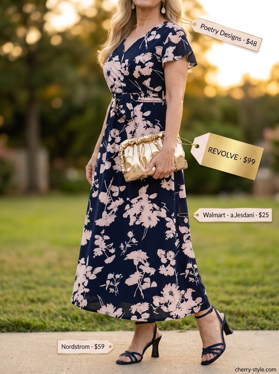 Elegant summer outfit for women over 60 2026: Pastel floral maxi dress, strappy heels & clutch.