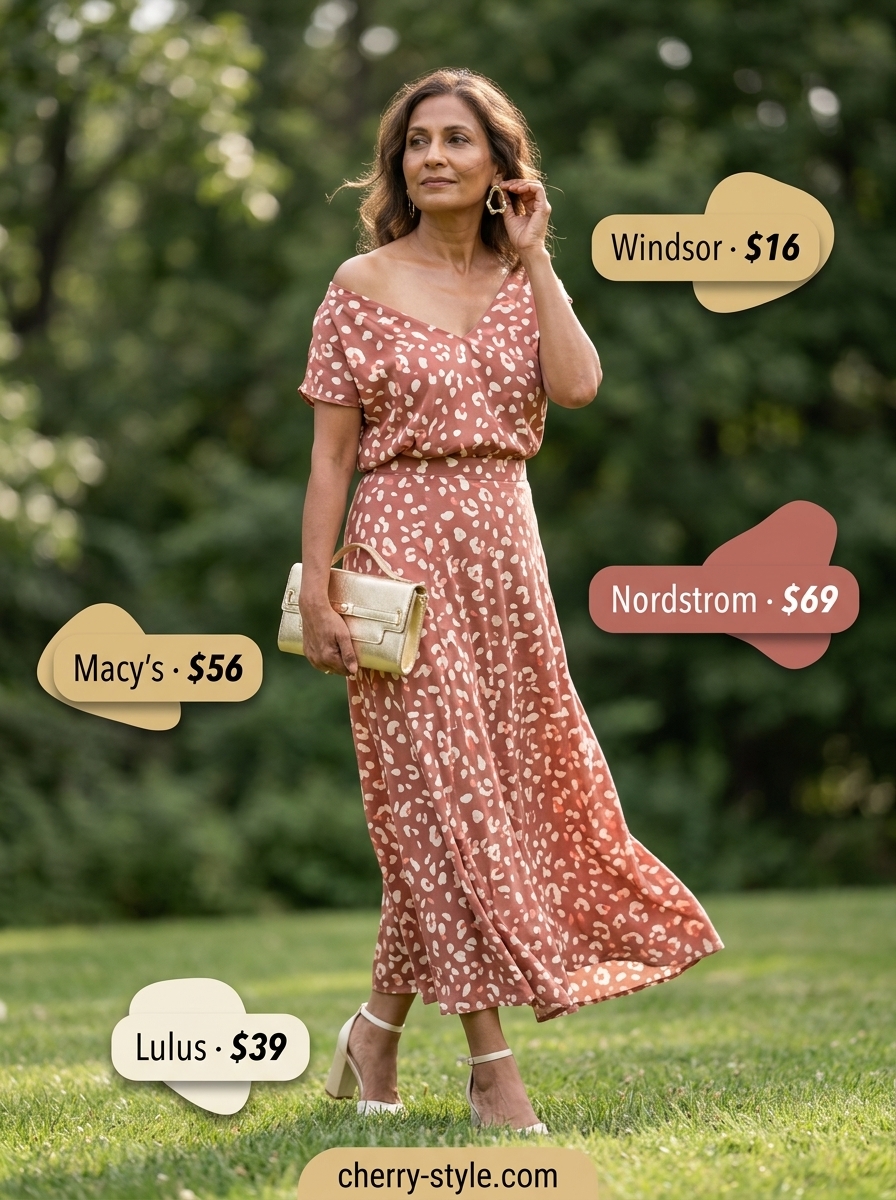 Elegant summer outfit for women over 60 2026: Muted rose floral wide-leg pants and tunic set with gold accessories.