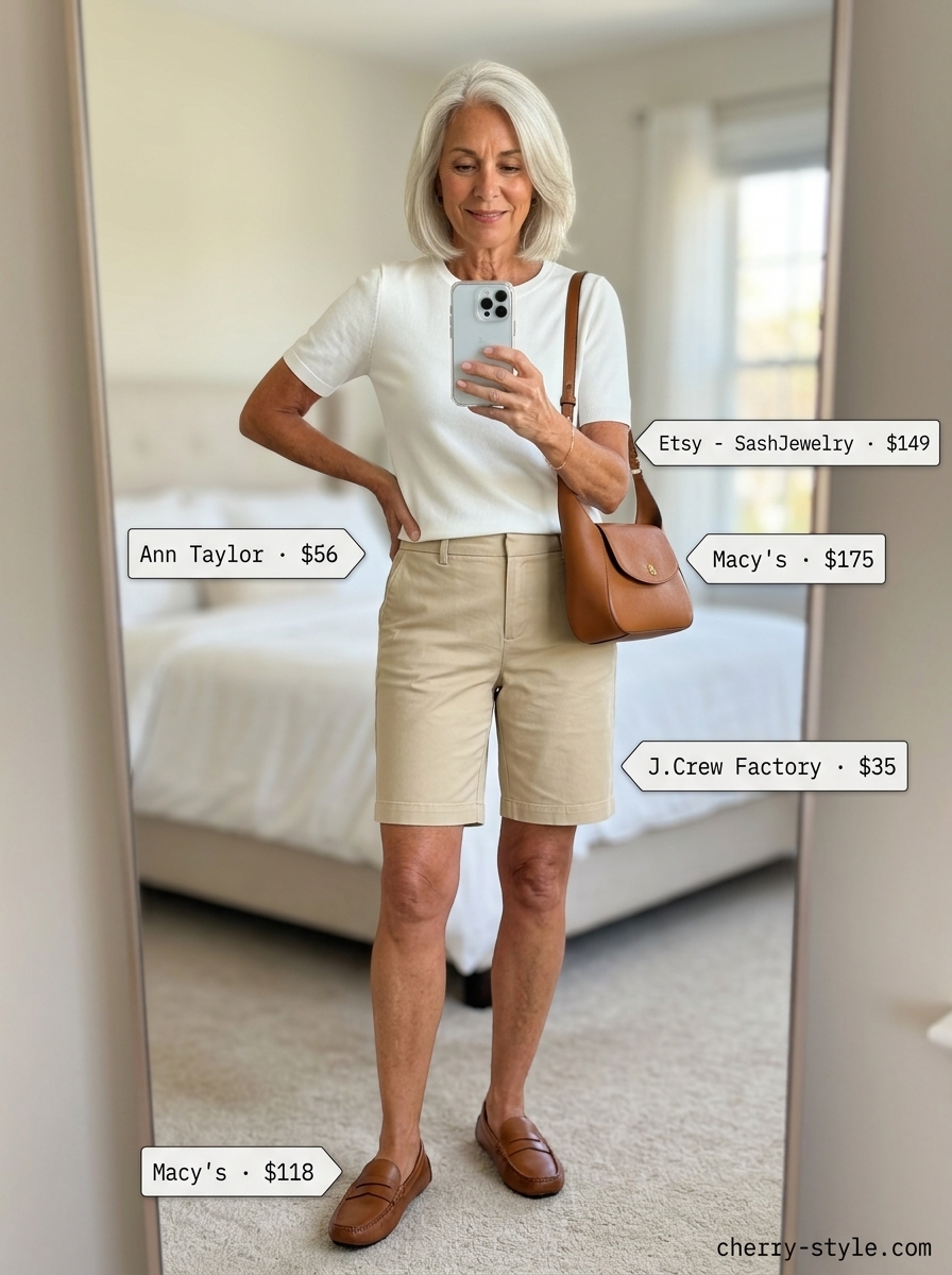 Elegant summer outfit for women over 60 2026: Khaki shorts, white knit top, loafers & gold bracelet.