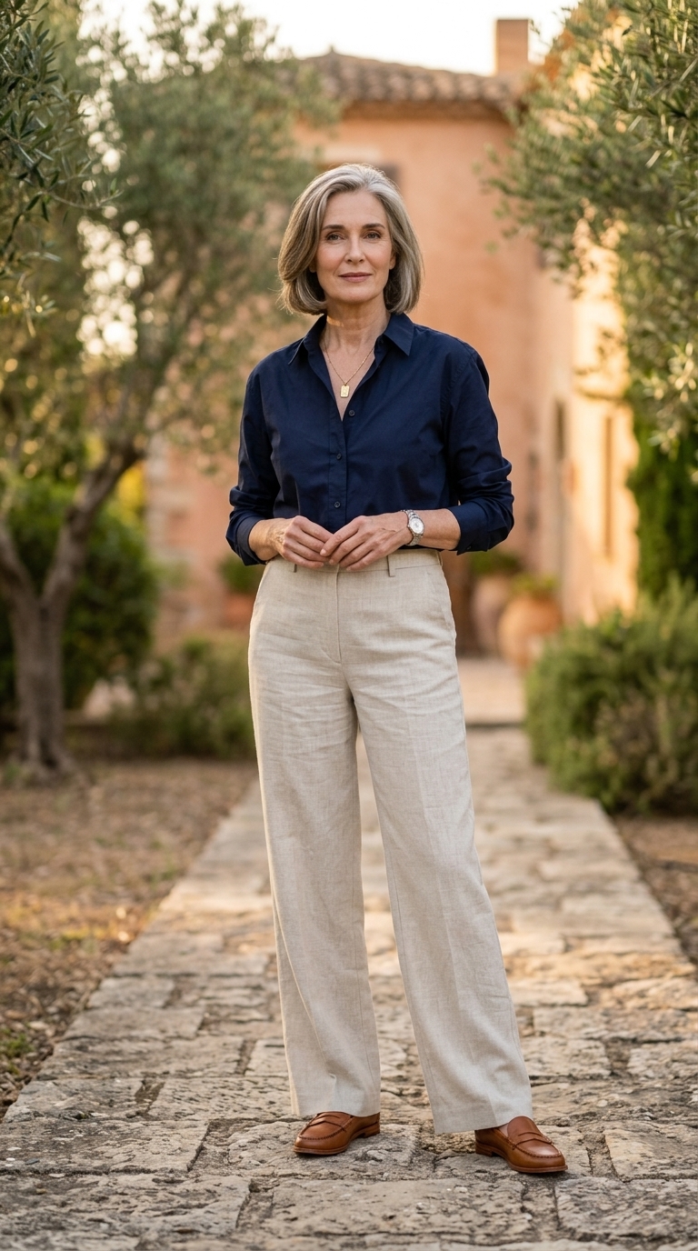 Elegant summer outfit for women over 60 2026: Cream linen pants, navy button-down, loafers & tote.