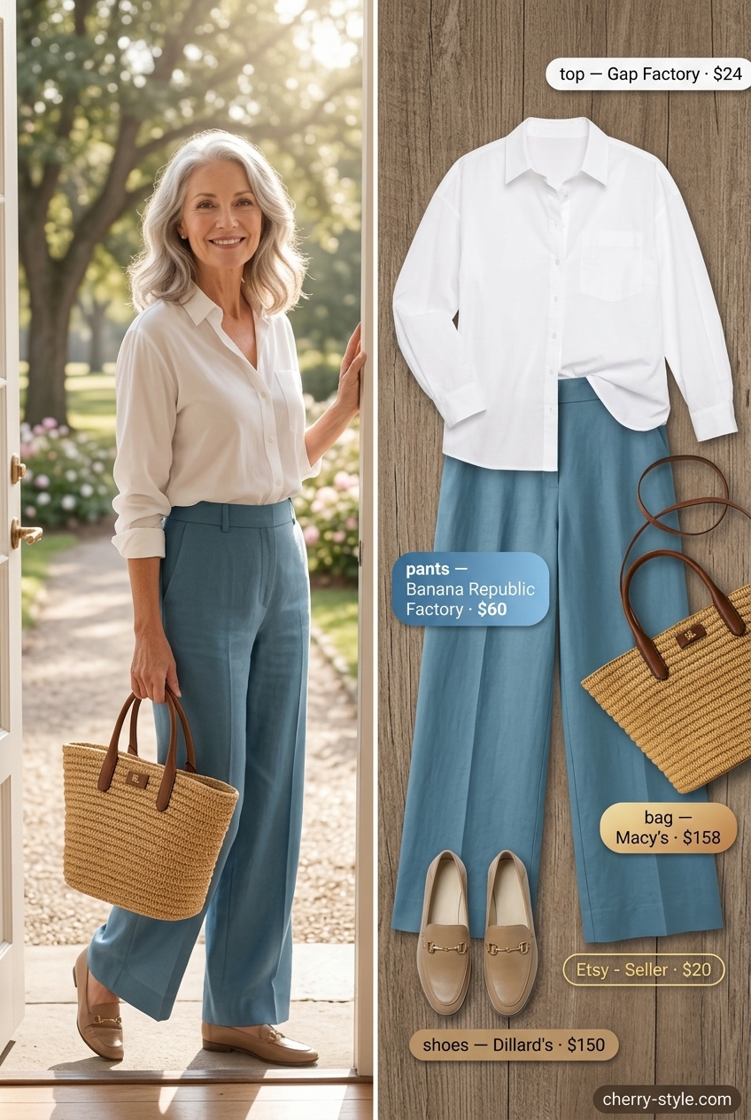 Elegant summer outfit for women over 60 2026: Soft blue linen wide-leg pants with white shirt & loafers.
