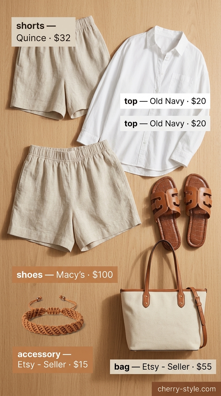 Elegant summer outfit for women over 60 2026: Light beige linen shorts with white oversized shirt & canvas tote.