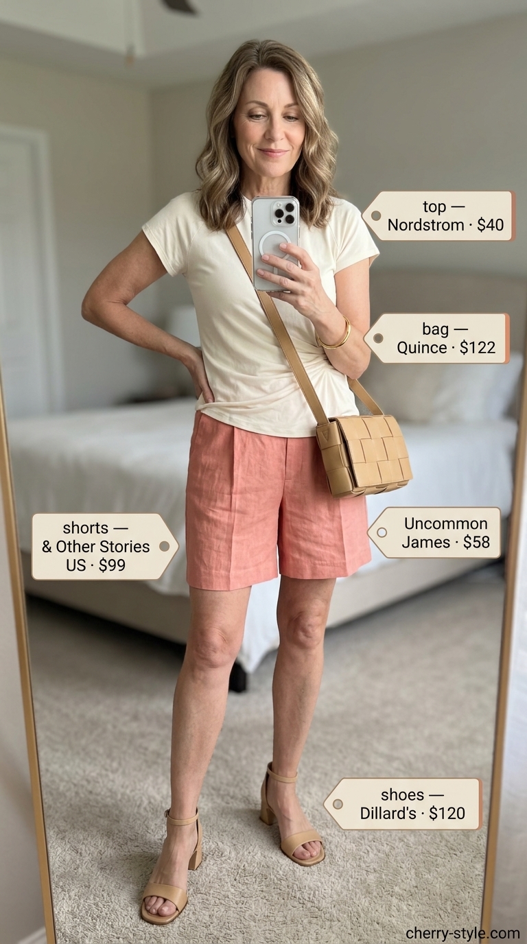 Elegant summer outfit for women over 60 2026: Soft coral linen shorts with cream elevated tee & tan sandals.