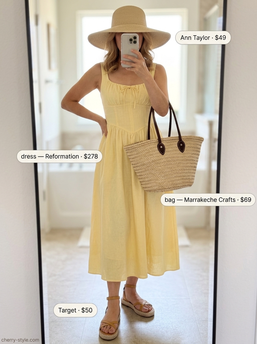Elegant summer outfit for women over 60 2026: Lemon yellow linen sundress, espadrilles, straw hat & tote.