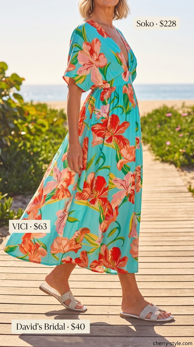 Elegant summer outfit for women over 60 2026: Turquoise maxi caftan with coral print, white sandals, straw tote & gold hoops.