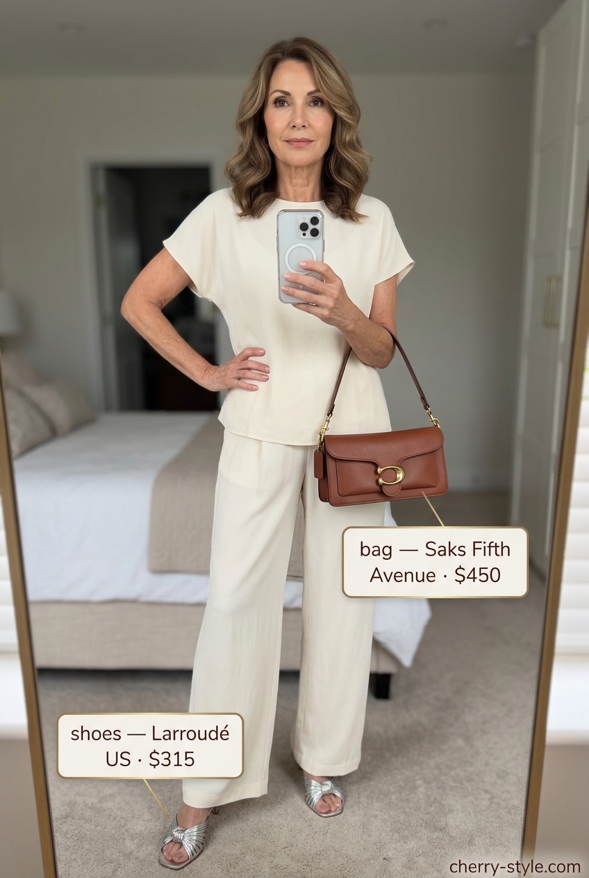 Elegant summer outfit for women over 60 2026: Cream silk blend palazzo pants & tunic set with gold accessories.