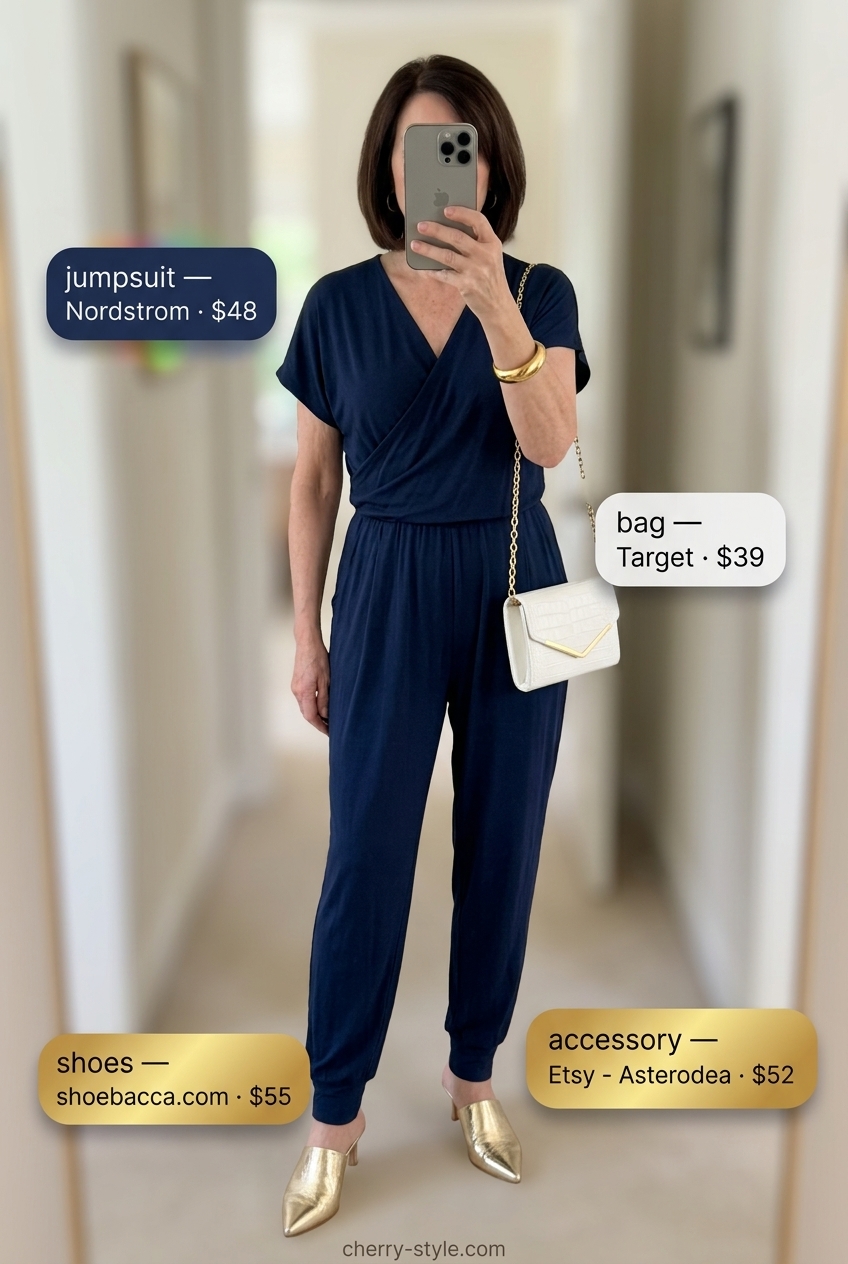Elegant summer outfit for women over 60 2026: Navy wide-leg jumpsuit with gold and white accessories for evening.