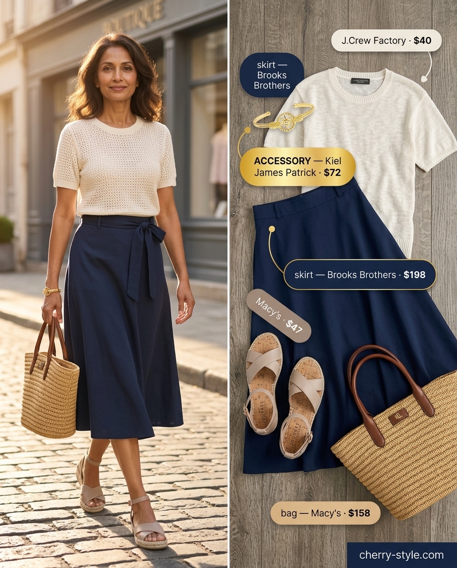 Elegant summer outfit for women over 60 2026: Navy midi skirt with cream knit sweater and espadrilles.
