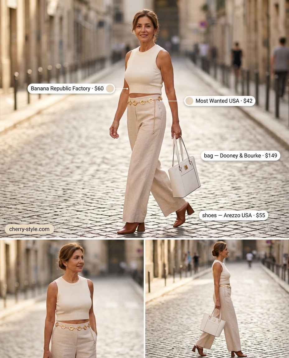 Elegant summer outfit for women over 60 2026: Olive green linen pants and top set with tan mules and gold belt.