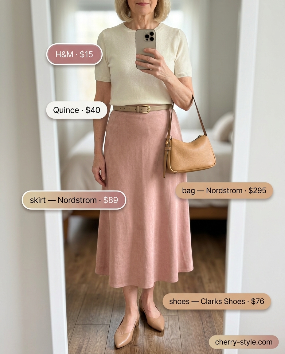 Elegant summer outfit for women over 60 2026: Muted rose midi skirt with cream knit top and beige ballet flats.
