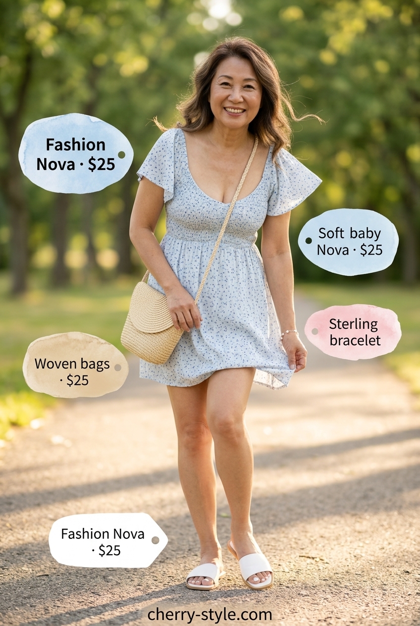 Elegant summer outfit for women over 60 2026: Pastel blue floral mini sundress with white sandals & straw bag.