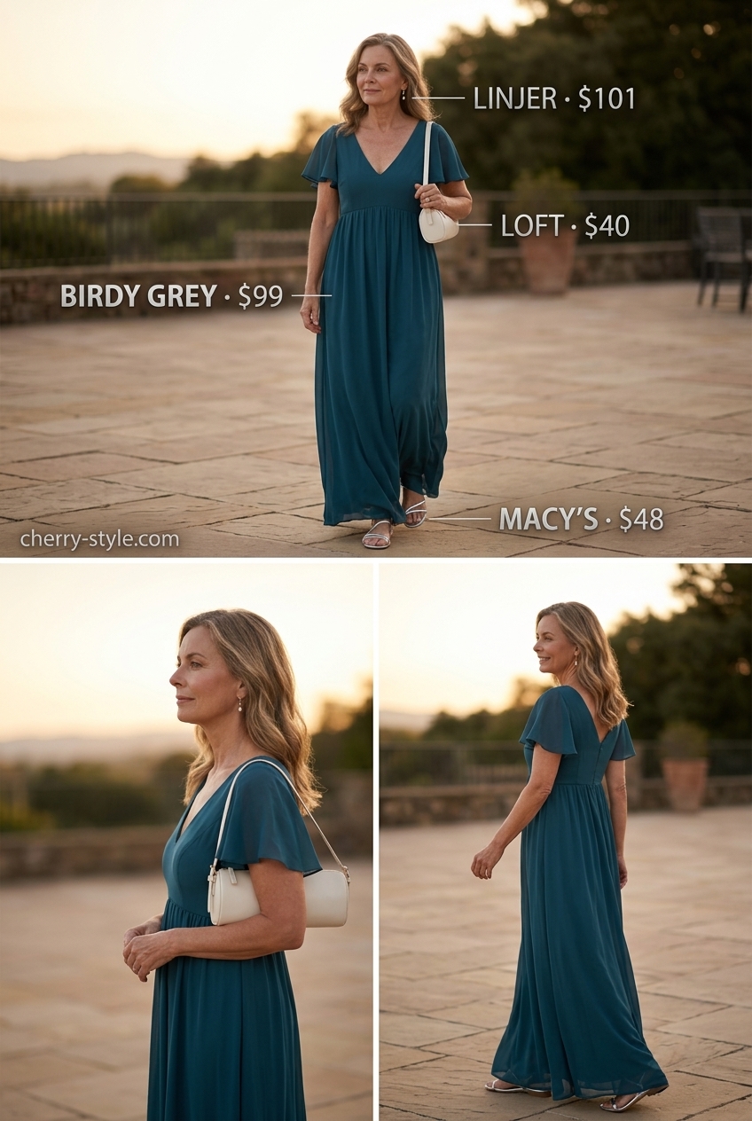 Elegant summer outfit for women over 60 2026: Deep teal flowing maxi dress with silver accessories for resort wear.
