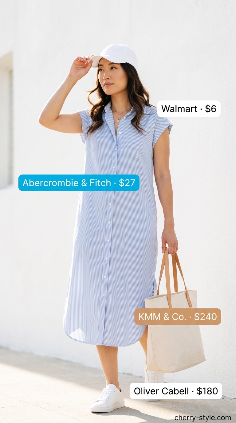 Casual elevated summer basic outfit for women 2026: Blue stripe shirt dress with sneakers.