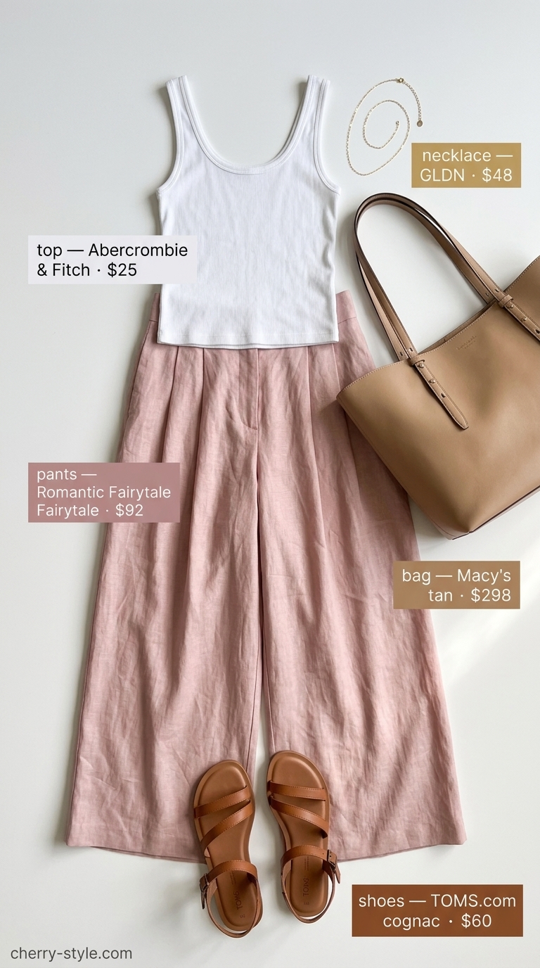 Elegant elevated summer basic outfit for women 2026: Blush pink wide-leg trousers with white tank.