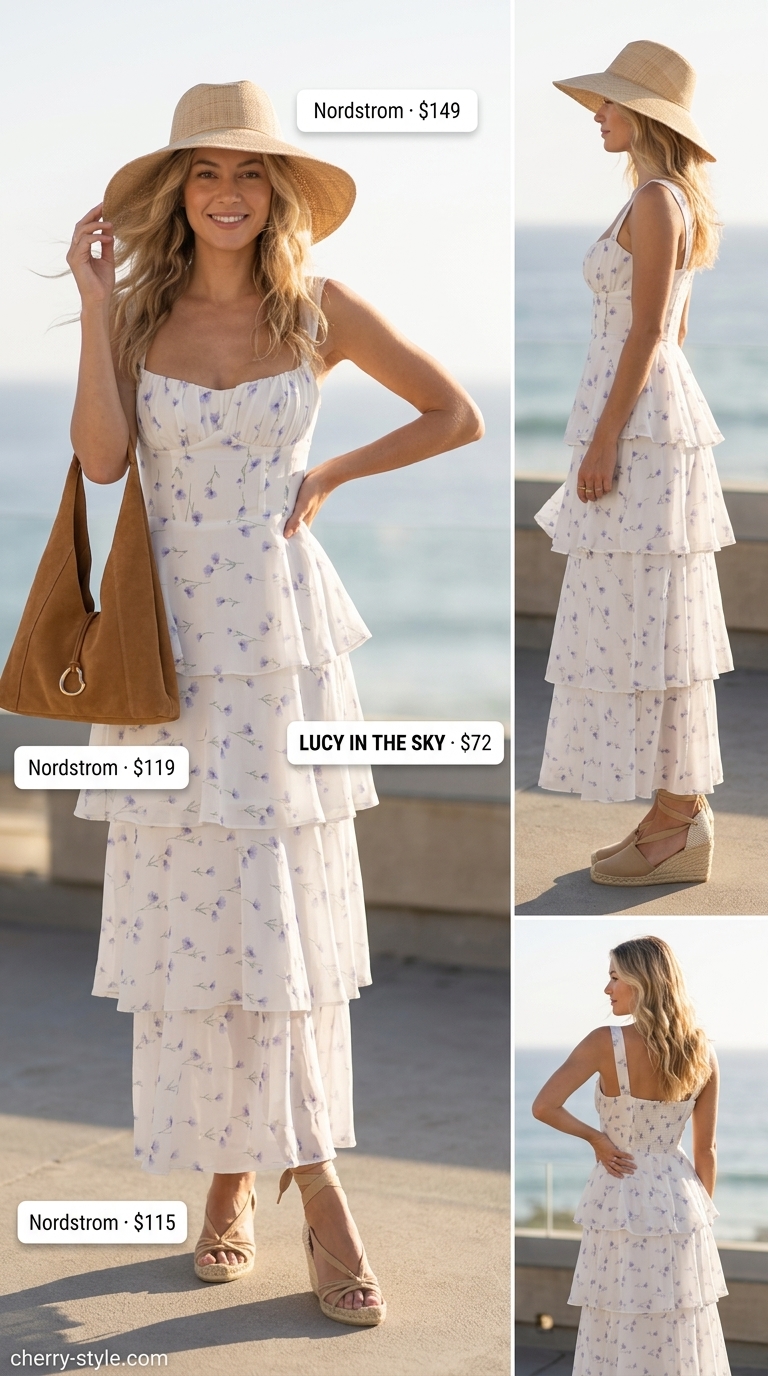 Elevated summer basic outfit for women 2026: Bohemian maxi dress with espadrilles, straw hat, and suede bag.