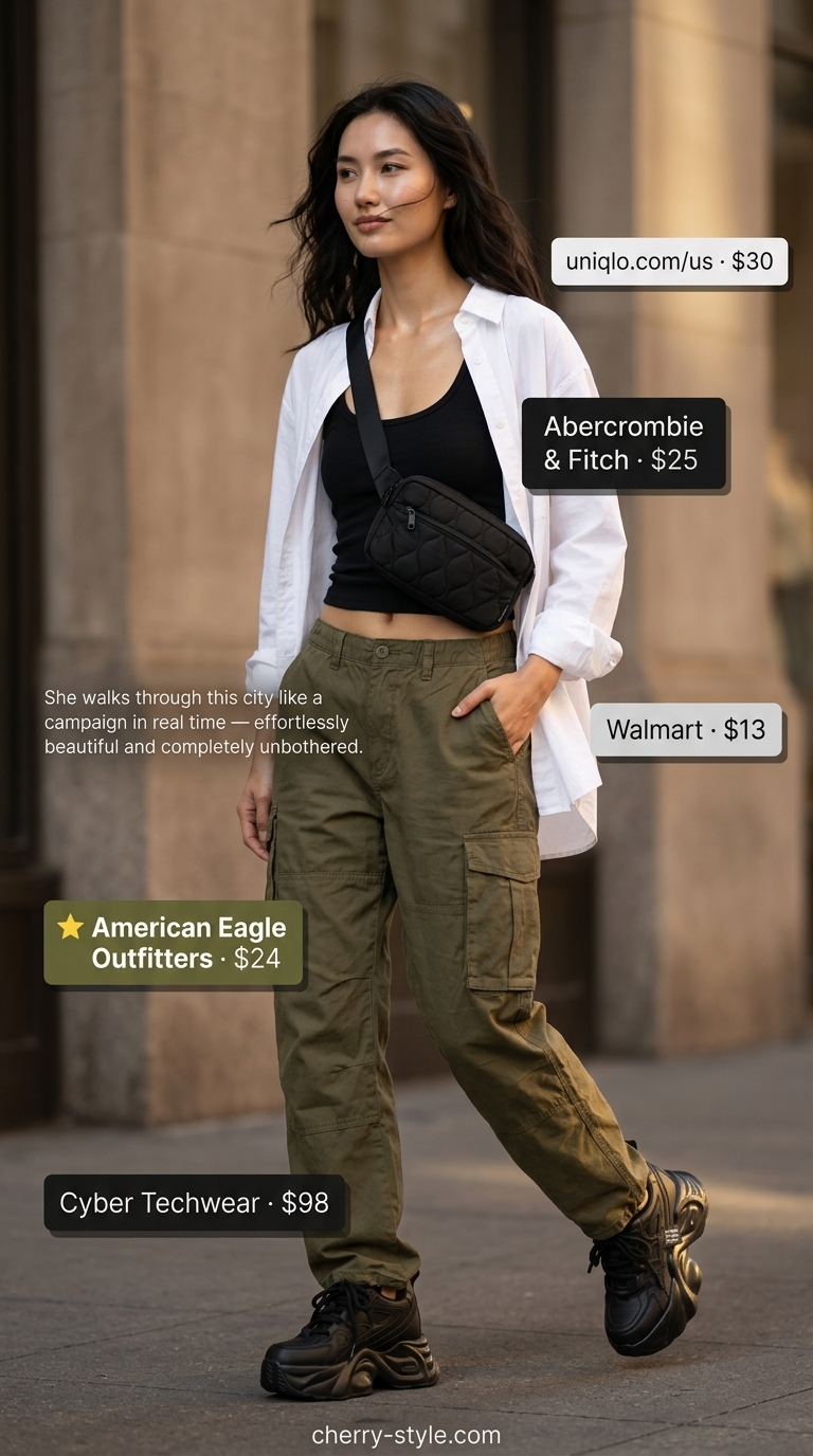 Edgy elevated summer basic outfit for women 2026: Khaki cargo pants with white shirt.