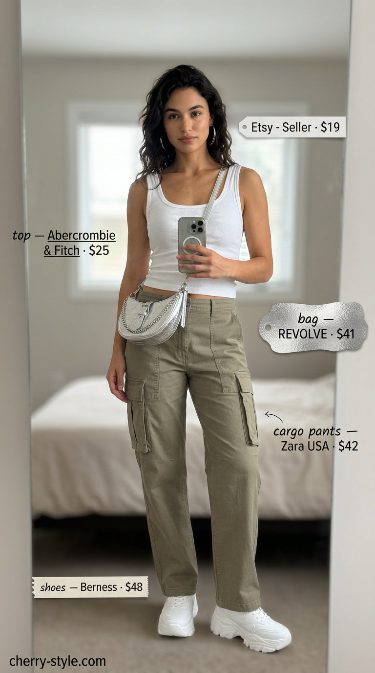 Elevated summer basic outfit for women 2026: Trendy cargo pants with white tank, platform sneakers, and silver accessories.