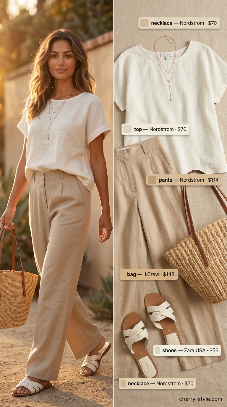 Elevated summer basic outfit for women 2026: Coastal chic linen set with oversized shirt and wide-leg pants.