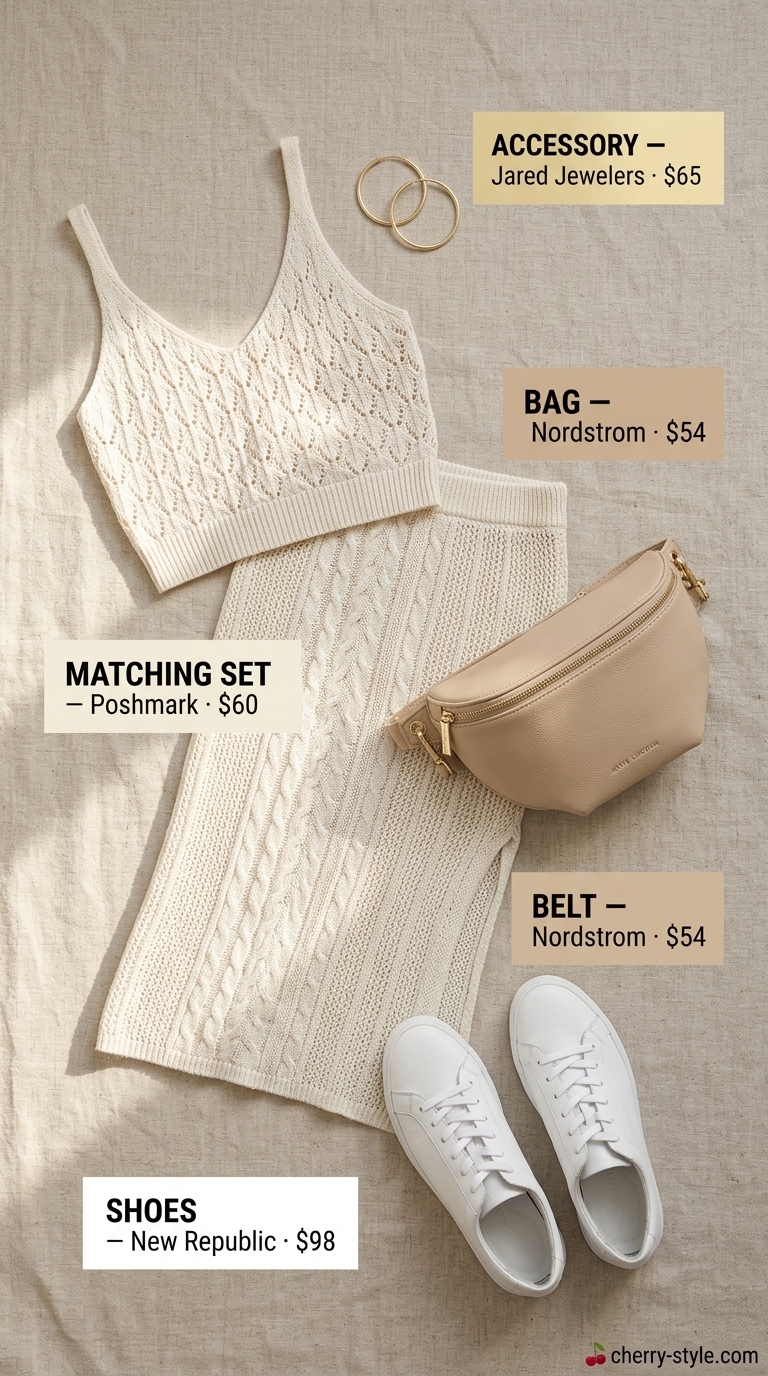 Elevated summer basic outfit for women 2026: Cream knit set with beige belt bag and white sneakers.