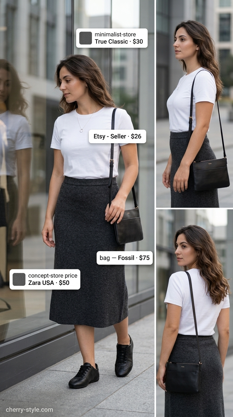 Elevated summer basic outfit for women 2026: Casual knit midi skirt with white tee, sneakers, and crossbody bag.