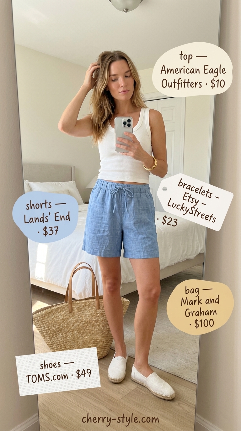 Relaxed elevated summer basic outfit for women 2026: Light blue linen shorts set.