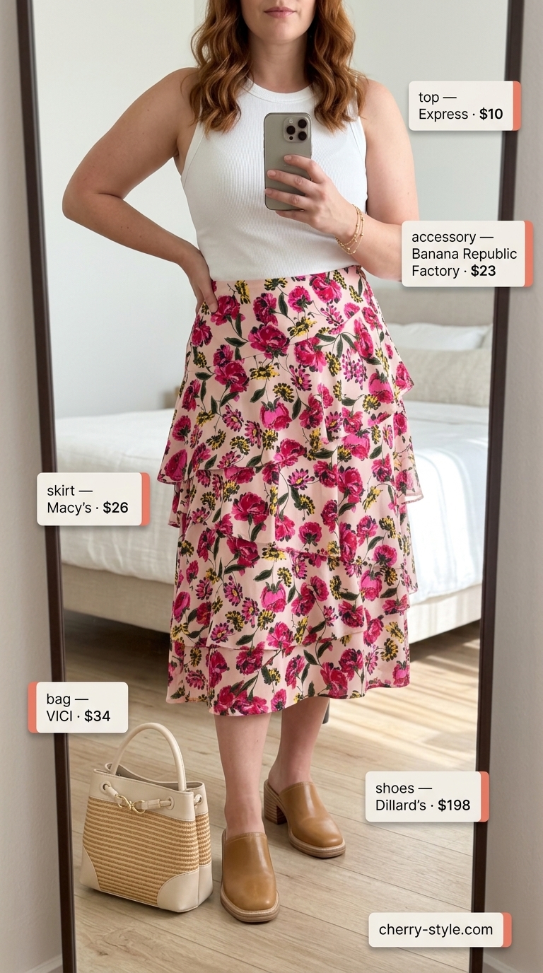 Elevated summer basic outfit for women 2026: Chic midi skirt ensemble with floral skirt, white tank, and block heels.