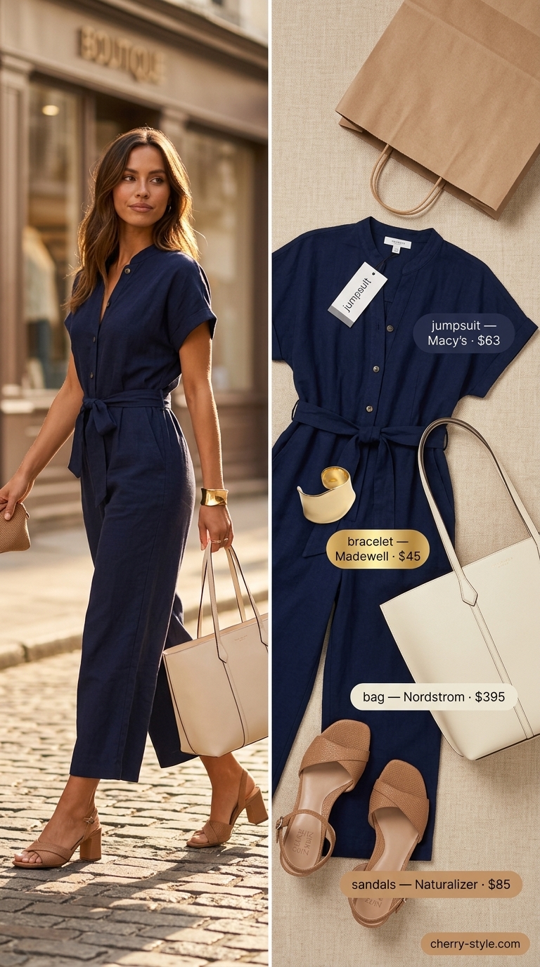 Elevated summer basic outfit for women 2026: Polished navy wide-leg jumpsuit with tan sandals and structured tote.