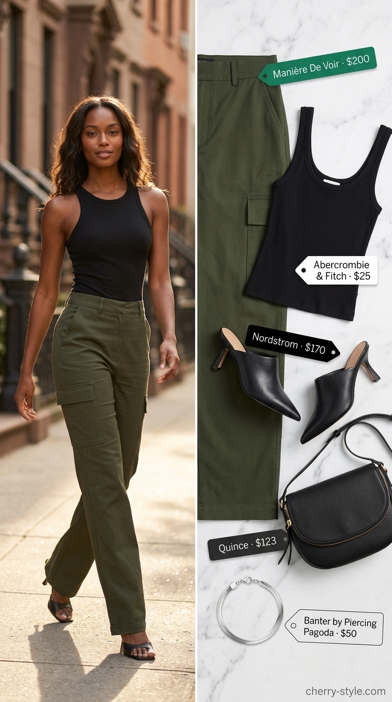 Stylish elevated summer basic outfit for women 2026: Olive cargo pants with black tank.