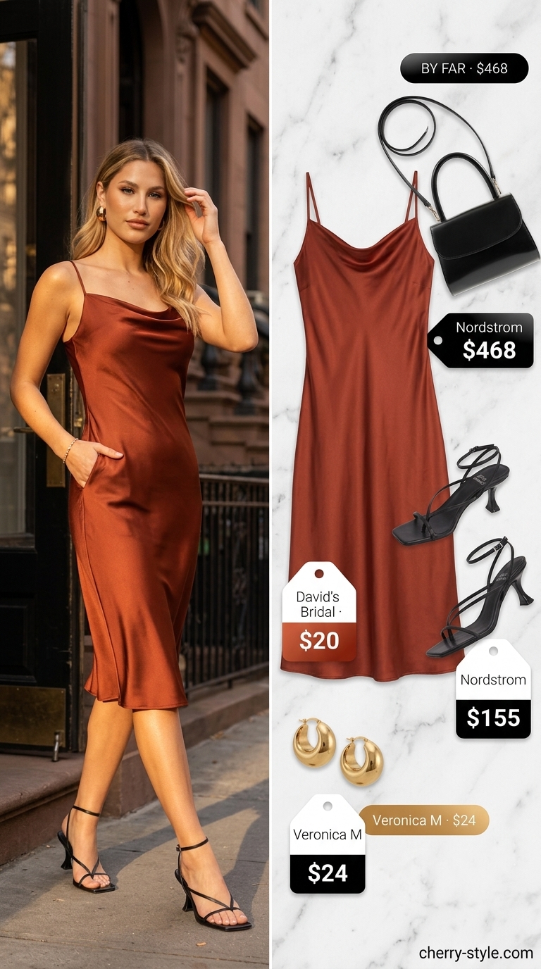 Elevated summer basic outfit for women 2026: Sleek slip dress in terracotta with strappy heels and gold earrings.