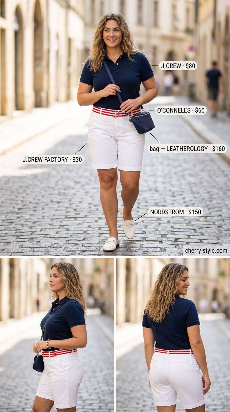 Elevated summer basic outfit for women 2026: Sporty chic shorts set with navy polo, white shorts, and penny loafers.