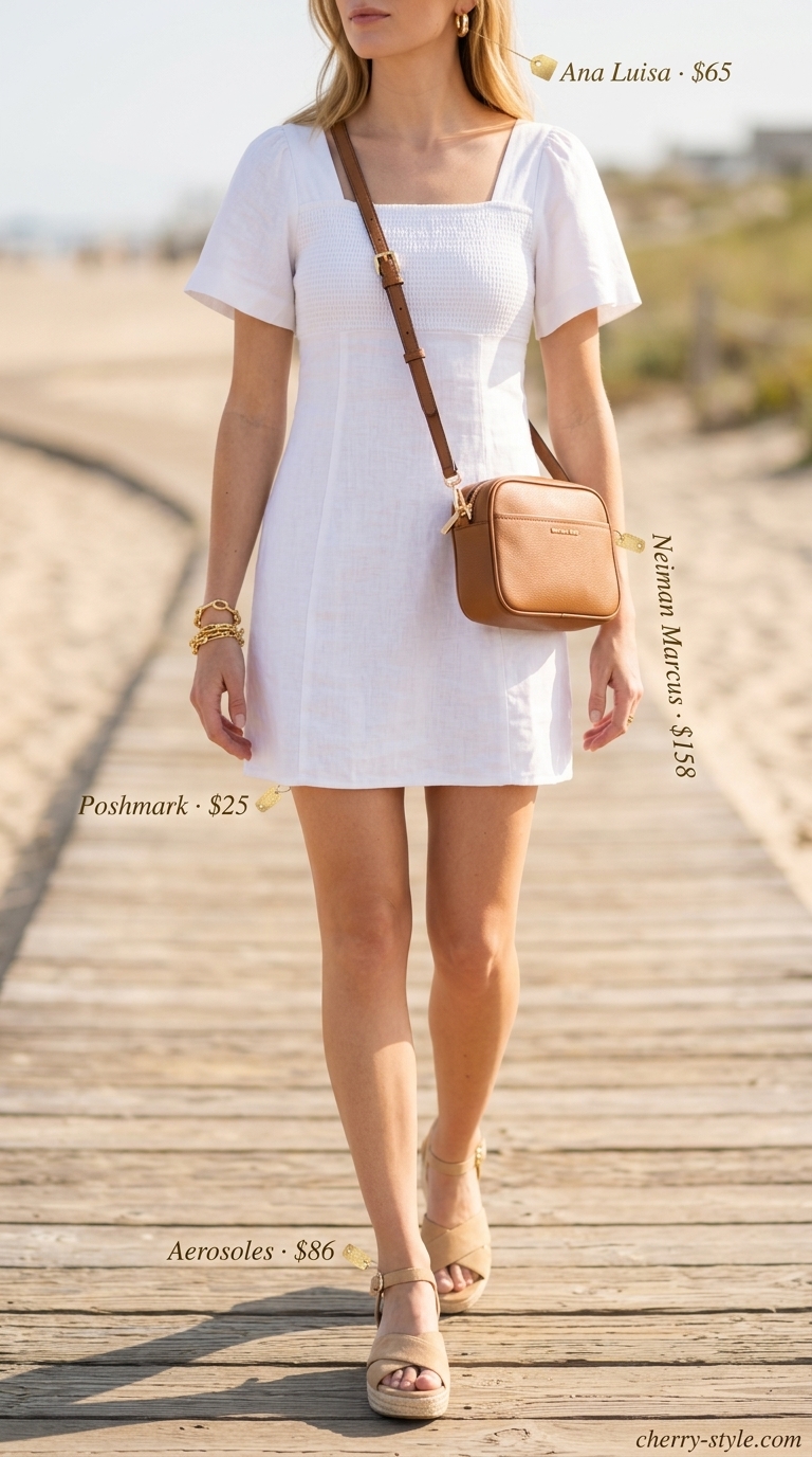 Playful elevated summer basic outfit for women 2026: White linen mini dress with espadrille wedges.